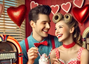 A couple surrounded by heart decorations on Valentine’s Day